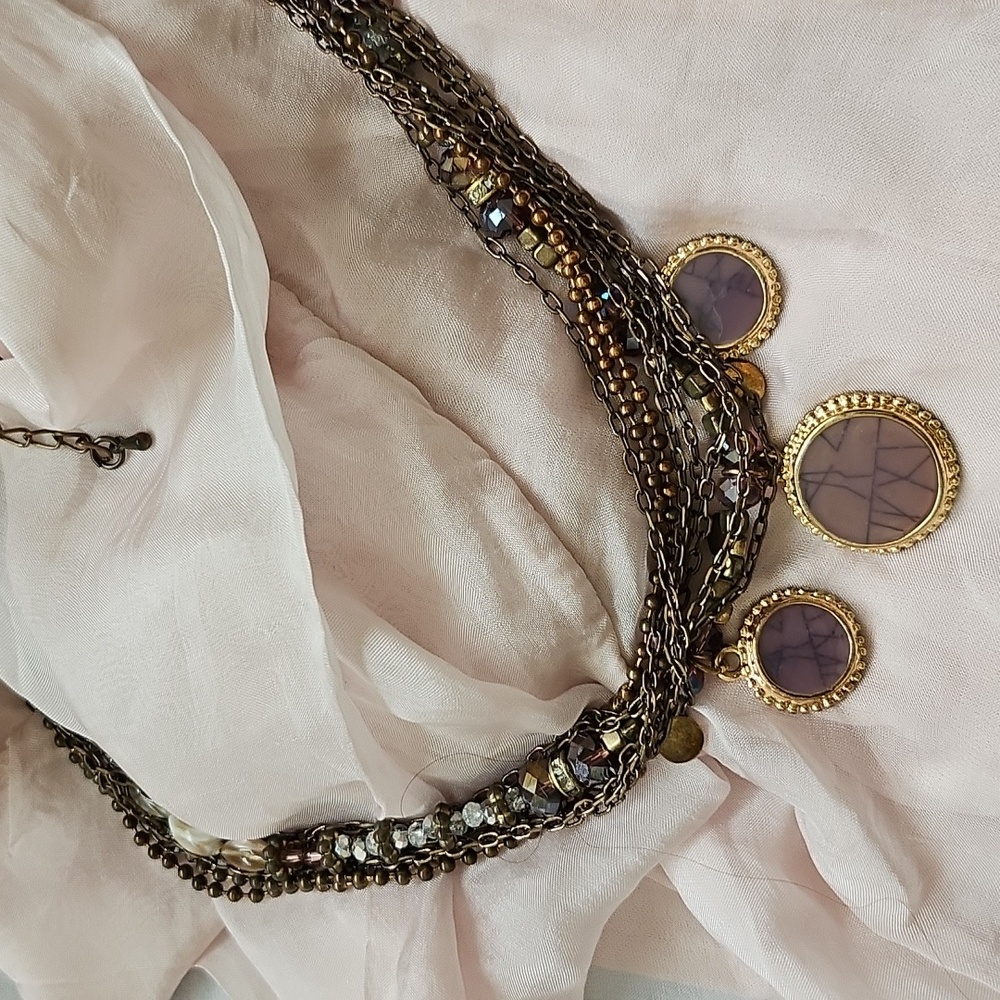Vintage Boho Multistrand Neclace & Earrings With Purple Stones♡Beads& Mesh Chain